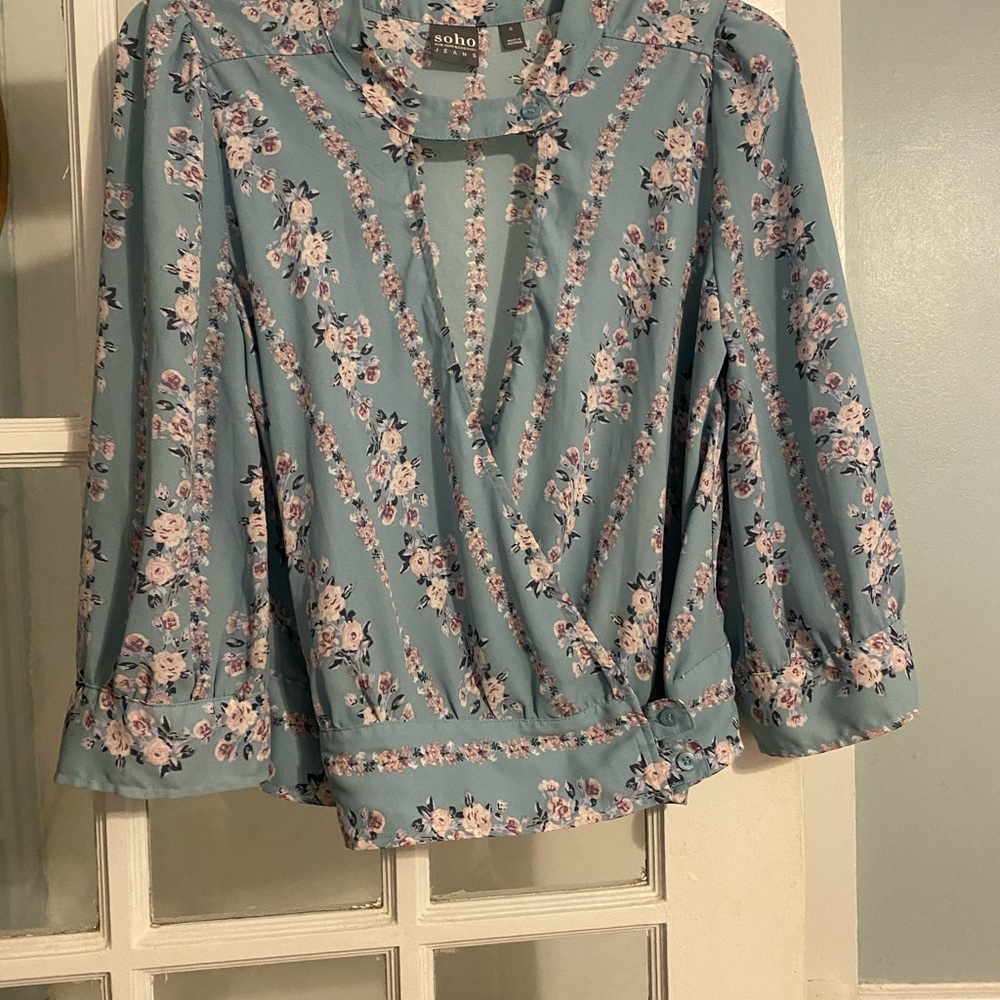 New York & Company Blue Wrap Blouse with Bib Collar